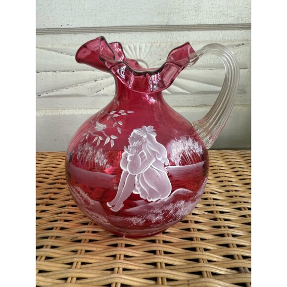 Vintage 90's Fenton Cranberry Ruffle Pitcher Mary Gregory Little Girl - Picture 10 of 11